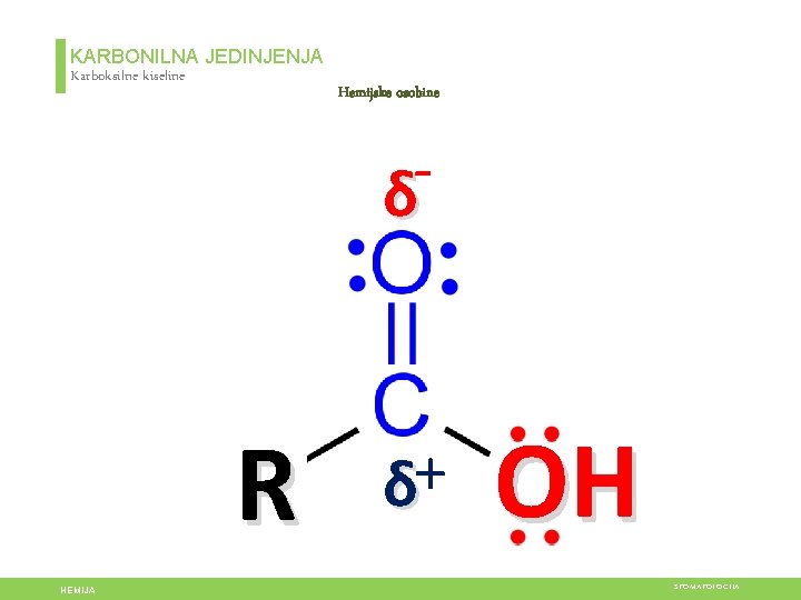 KARBONILNA JEDINJENJA Karboksilne kiseline Hemijske osobine δ R HEMIJA δ+ OH STOMATOLOGIJA 