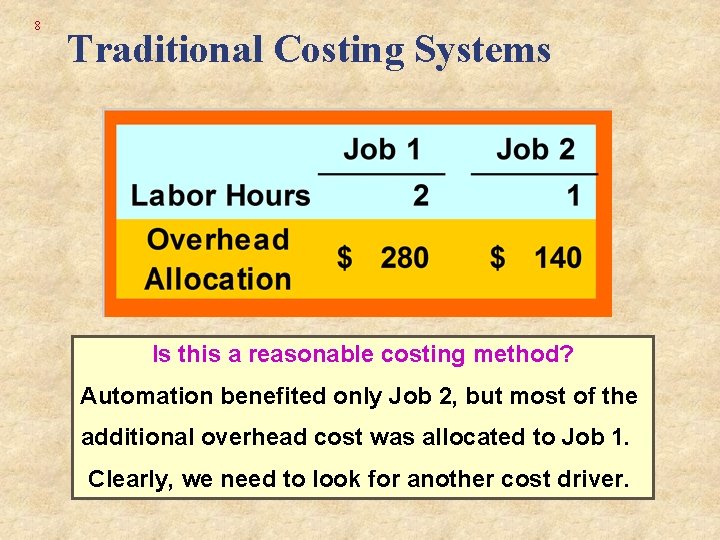 8 Traditional Costing Systems Is this a reasonable costing method? Automation benefited only Job