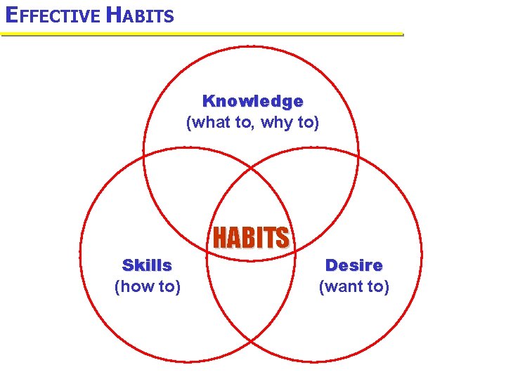 EFFECTIVE HABITS Knowledge (what to, why to) Skills (how to) HABITS Desire (want to)