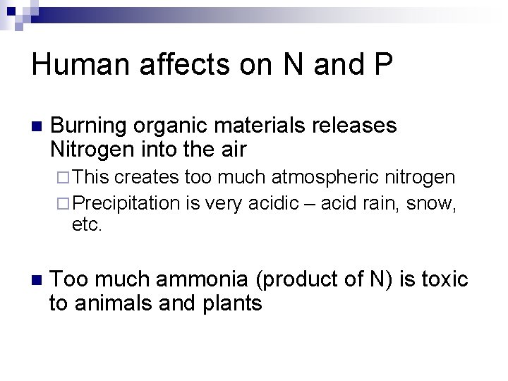 Human affects on N and P n Burning organic materials releases Nitrogen into the