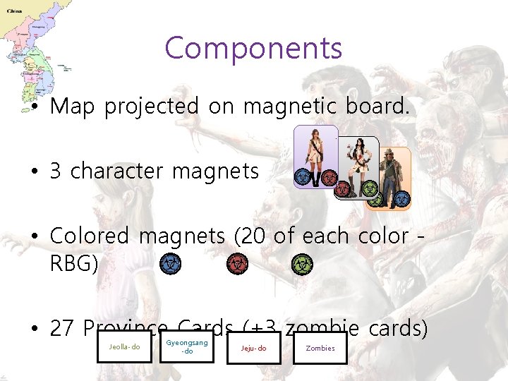 Components • Map projected on magnetic board. • 3 character magnets • Colored magnets