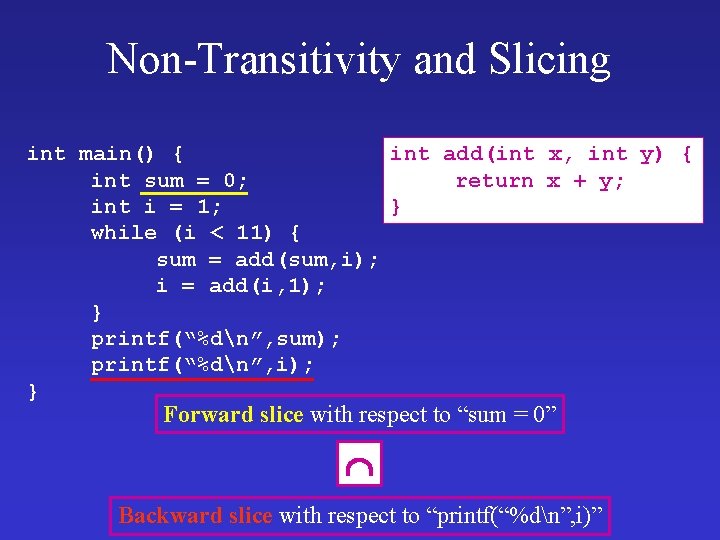 Non-Transitivity and Slicing int main() { int add(int x, int y) { int sum