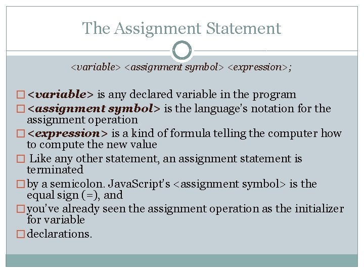 The Assignment Statement <variable> <assignment symbol> <expression>; � <variable> is any declared variable in