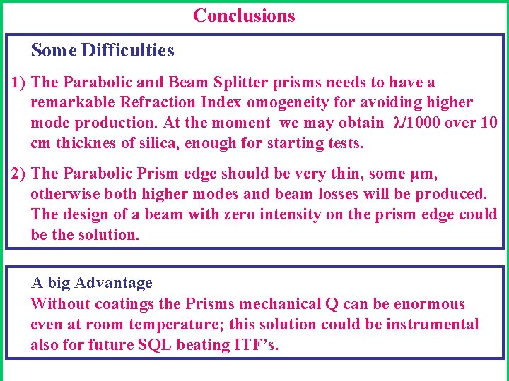 Conclusions Some Difficulties 1) The Parabolic and Beam Splitter prisms needs to have a