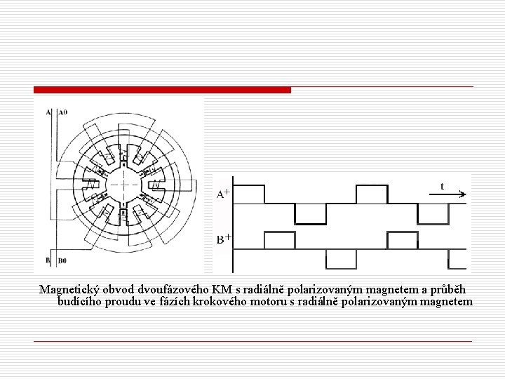 Magnetický obvod dvoufázového KM s radiálně polarizovaným magnetem a průběh budícího proudu ve fázích