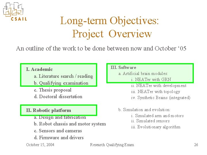 Long-term Objectives: Project Overview An outline of the work to be done between now