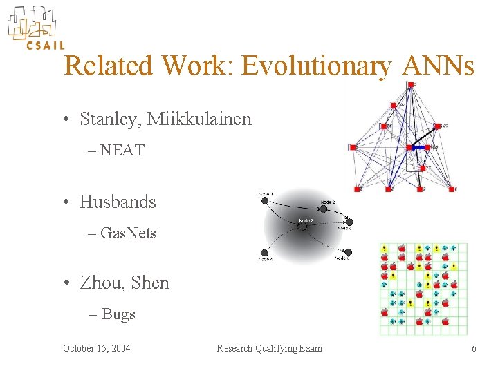Related Work: Evolutionary ANNs • Stanley, Miikkulainen – NEAT • Husbands – Gas. Nets