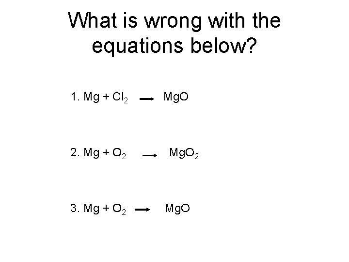 What is wrong with the equations below? 1. Mg + Cl 2 2. Mg