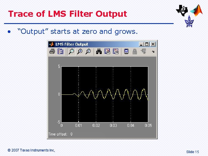 Trace of LMS Filter Output • “Output” starts at zero and grows. © 2007