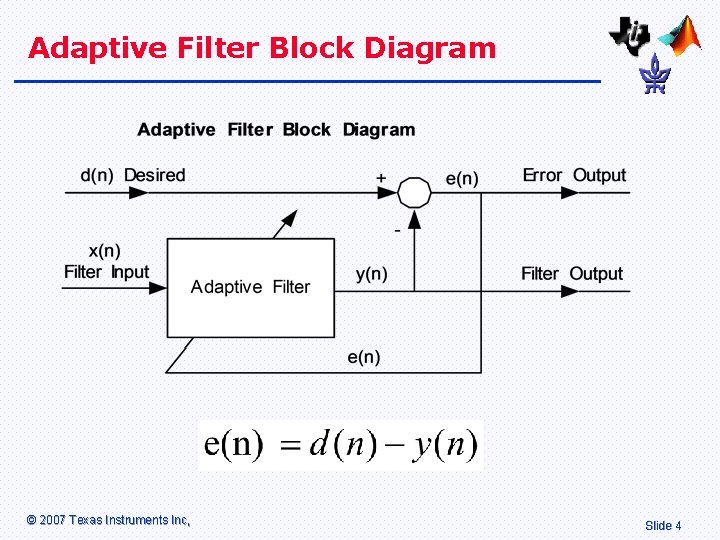 Adaptive Filter Block Diagram © 2007 Texas Instruments Inc, Slide 4 