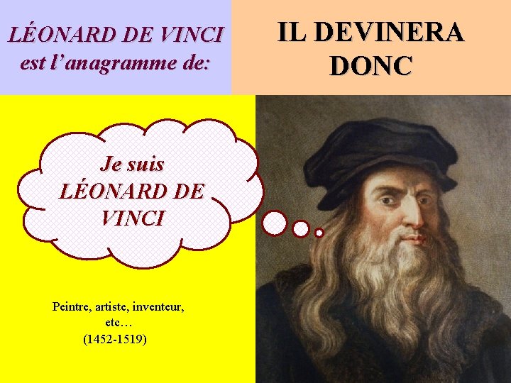 LÉONARD DE VINCI est l’anagramme de: Je suis LÉONARD DE VINCI Peintre, artiste, inventeur,