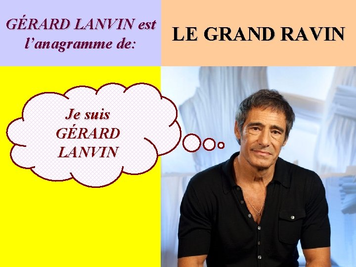 GÉRARD LANVIN est l’anagramme de: Je suis GÉRARD LANVIN LE GRAND RAVIN 