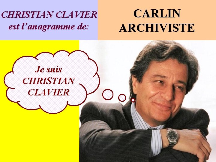 CHRISTIAN CLAVIER est l’anagramme de: Je suis CHRISTIAN CLAVIER CARLIN ARCHIVISTE 