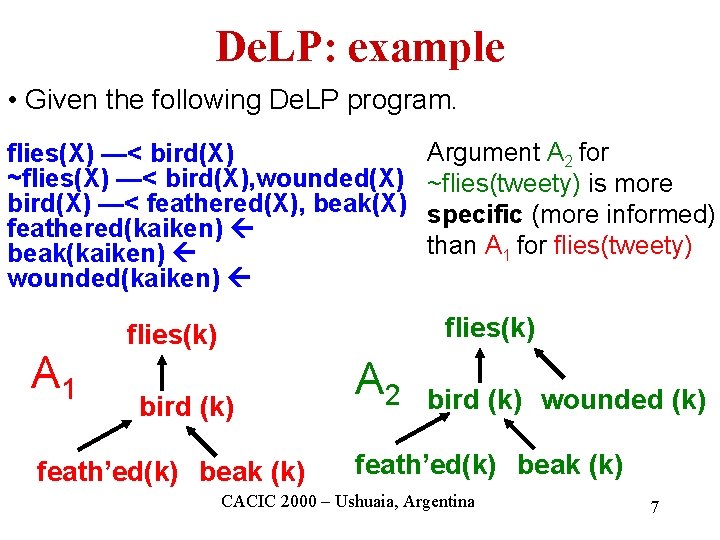 De. LP: example • Given the following De. LP program. flies(X) —< bird(X) ~flies(X)