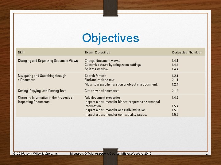 Objectives © 2016, John Wiley & Sons, Inc. Microsoft Official Academic Course, Microsoft Word