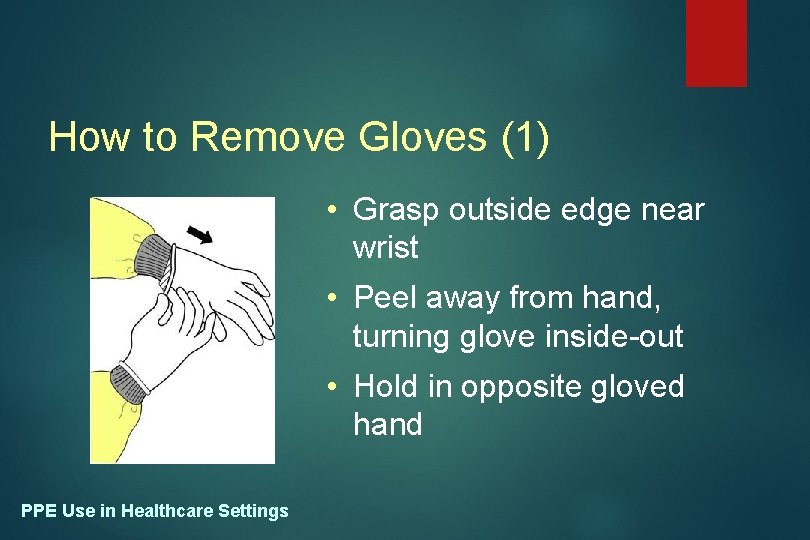 How to Remove Gloves (1) • Grasp outside edge near wrist • Peel away