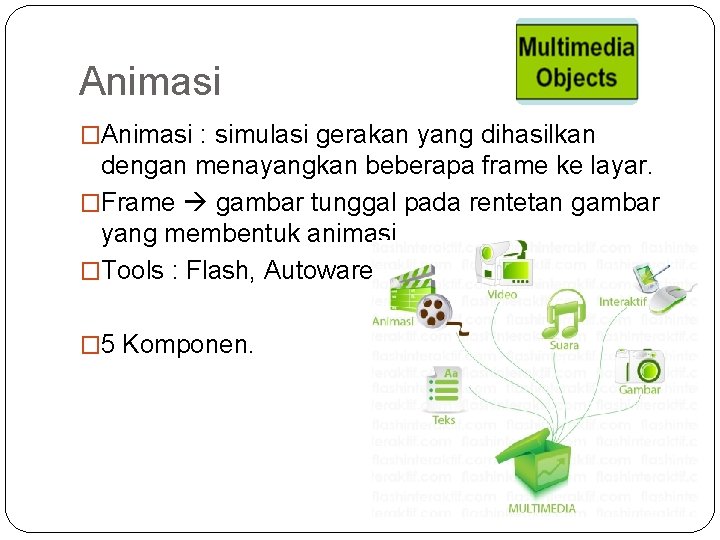 Animasi �Animasi : simulasi gerakan yang dihasilkan dengan menayangkan beberapa frame ke layar. �Frame