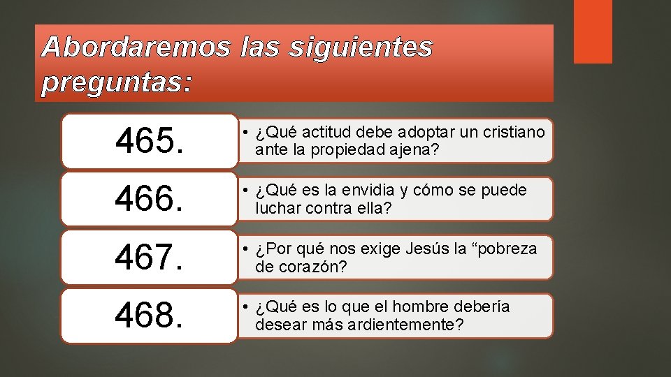 Abordaremos las siguientes preguntas: 465. • ¿Qué actitud debe adoptar un cristiano ante la