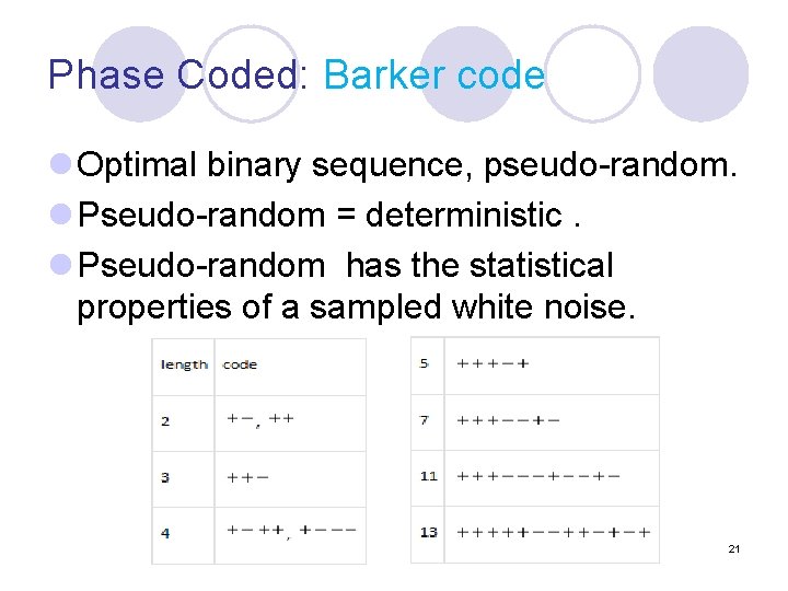 Phase Coded: Barker code l Optimal binary sequence, pseudo-random. l Pseudo-random = deterministic. l