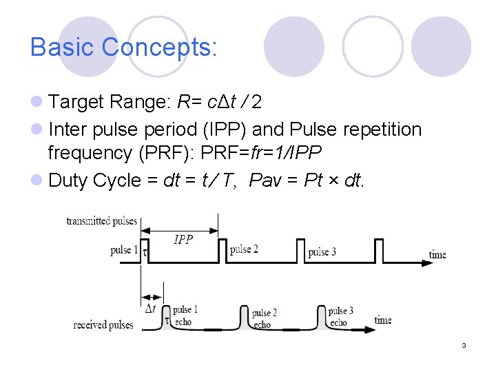 Basic Concepts: l Target Range: R= cΔt / 2 l Inter pulse period (IPP)