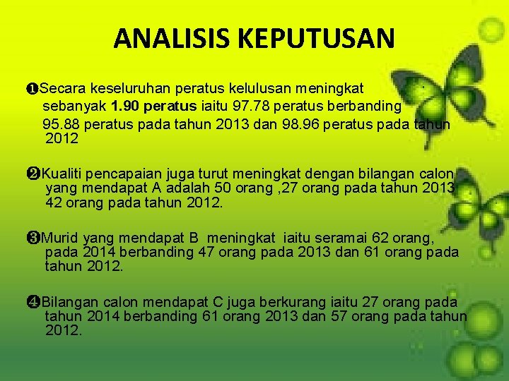 ANALISIS KEPUTUSAN ❶Secara keseluruhan peratus kelulusan meningkat sebanyak 1. 90 peratus iaitu 97. 78