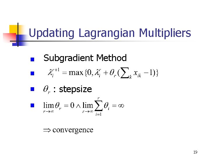 Updating Lagrangian Multipliers Subgradient Method : stepsize 19 