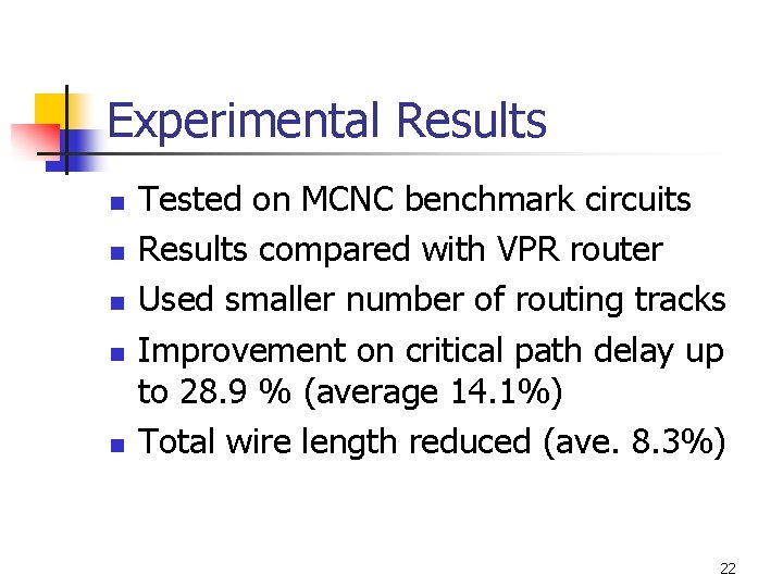 Experimental Results n n n Tested on MCNC benchmark circuits Results compared with VPR