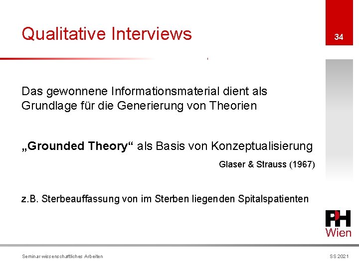 Qualitative Interviews 34 Das gewonnene Informationsmaterial dient als Grundlage für die Generierung von Theorien