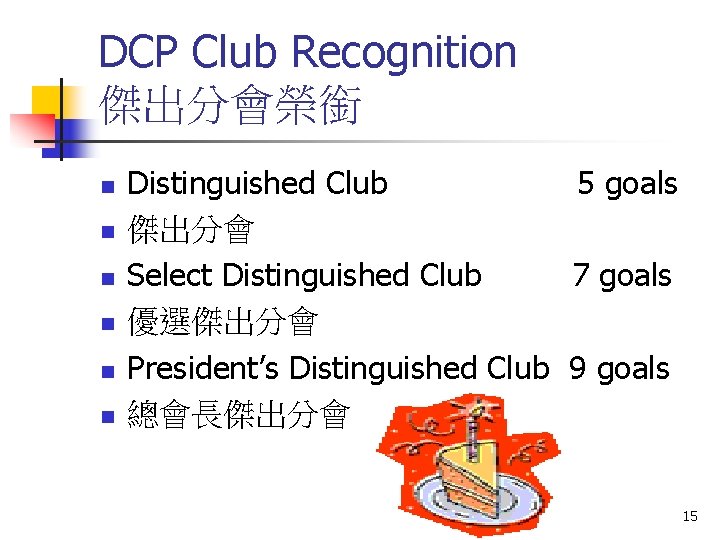 DCP Club Recognition 傑出分會榮銜 n n n Distinguished Club 5 goals 傑出分會 Select Distinguished