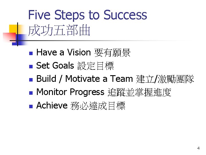 Five Steps to Success 成功五部曲 n n n Have a Vision 要有願景 Set Goals