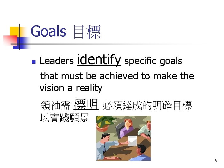 Goals 目標 n Leaders identify specific goals that must be achieved to make the