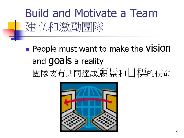 Build and Motivate a Team 建立和激勵團隊 n People must want to make the vision