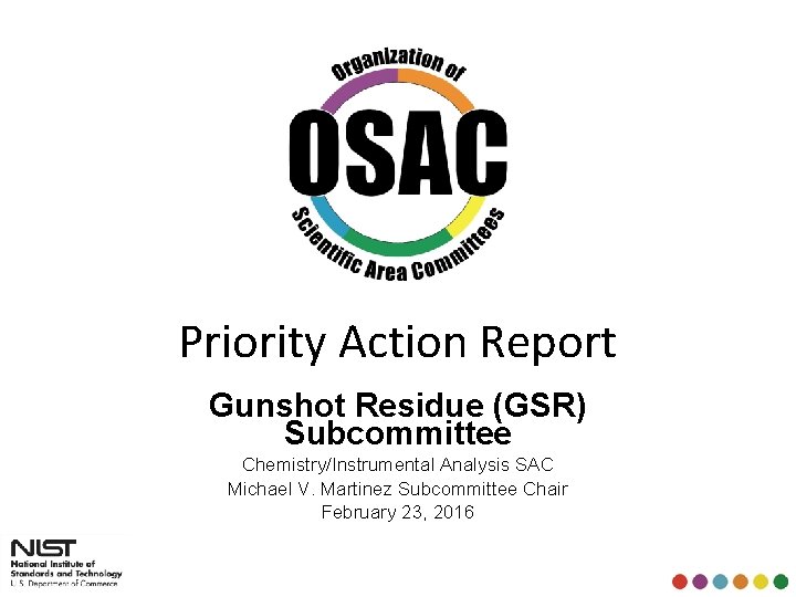 Priority Action Report Gunshot Residue (GSR) Subcommittee Chemistry/Instrumental Analysis SAC Michael V. Martinez Subcommittee