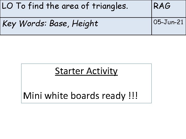 LO To find the area of triangles. RAG Key Words: Base, Height 05 -Jun-21
