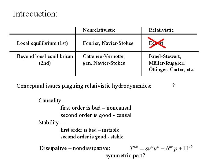 Introduction: Nonrelativistic Relativistic Local equilibrium (1 st) Fourier, Navier-Stokes Eckart Beyond local equilibrium (2