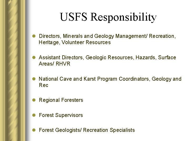 USFS Responsibility l Directors, Minerals and Geology Management/ Recreation, Heritage, Volunteer Resources l Assistant