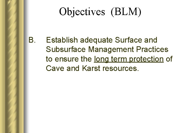 Objectives (BLM) B. Establish adequate Surface and Subsurface Management Practices to ensure the long