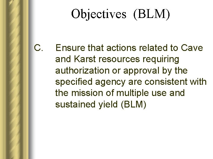Objectives (BLM) C. Ensure that actions related to Cave and Karst resources requiring authorization