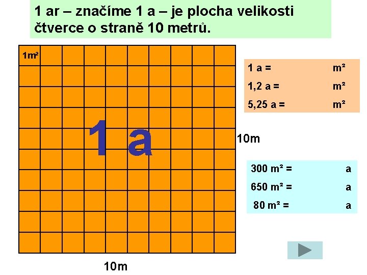 1 ar – značíme 1 a – je plocha velikosti čtverce o straně 10