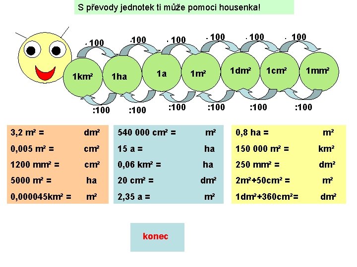 S převody jednotek ti může pomoci housenka! 100 1 km² : 100 1 a