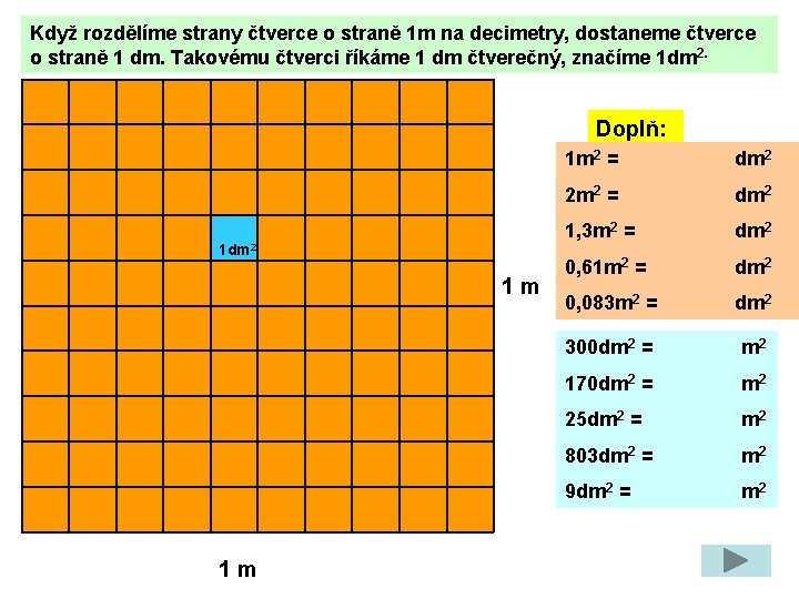 Když rozdělíme strany čtverce o straně 1 m na decimetry, dostaneme čtverce o straně