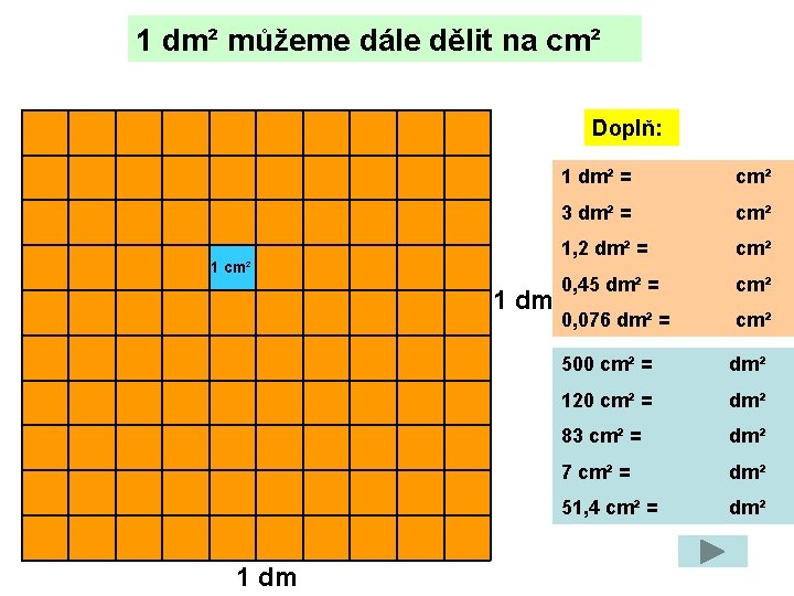 1 dm² můžeme dále dělit na cm² Doplň: 1 cm² 1 dm² = cm²