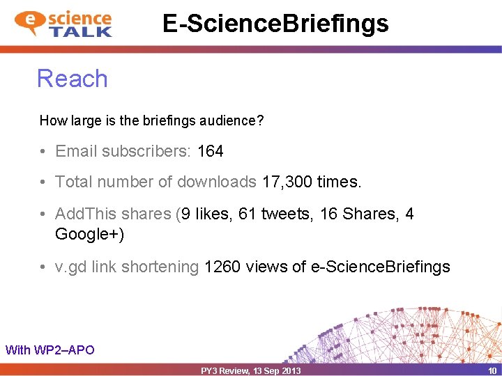 E-Science. Briefings Reach How large is the briefings audience? • Email subscribers: 164 •