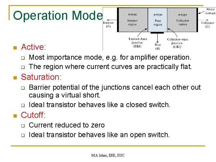 Operation Mode n Active: q q n Saturation: q q n Most importance mode,