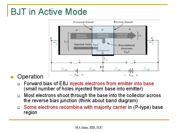 BJT in Active Mode n Operation q q q Forward bias of EBJ injects