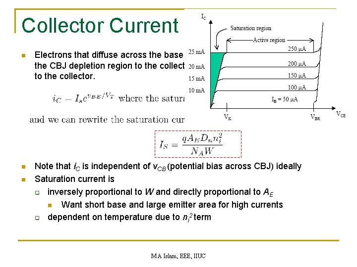 Collector Current n Electrons that diffuse across the base to the CBJ junction are