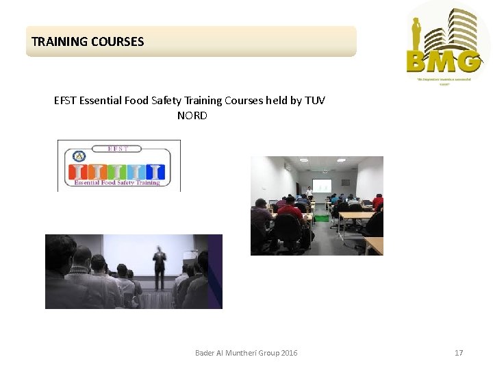 TRAINING COURSES EFST Essential Food Safety Training Courses held by TUV NORD Bader Al