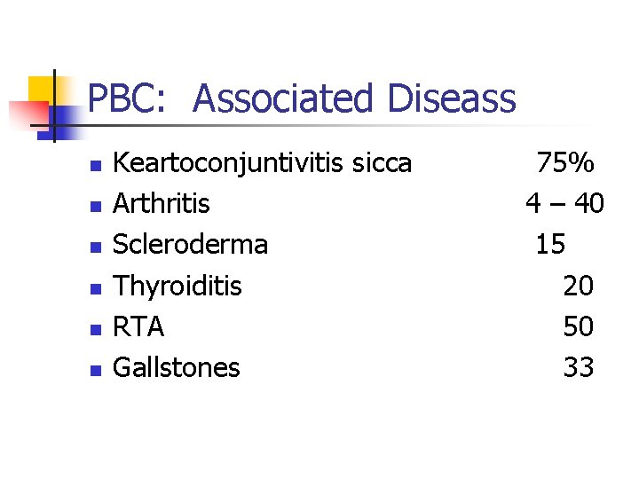 PBC: Associated Diseass n n n Keartoconjuntivitis sicca Arthritis Scleroderma Thyroiditis RTA Gallstones 75%