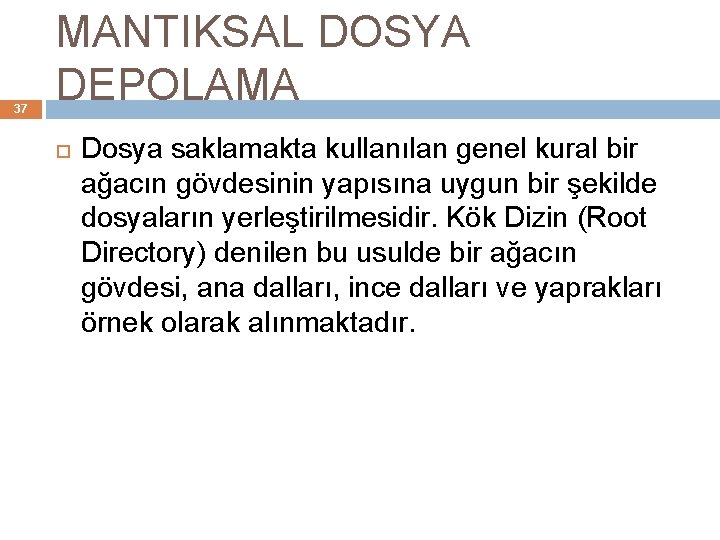 37 MANTIKSAL DOSYA DEPOLAMA Dosya saklamakta kullanılan genel kural bir ağacın gövdesinin yapısına uygun