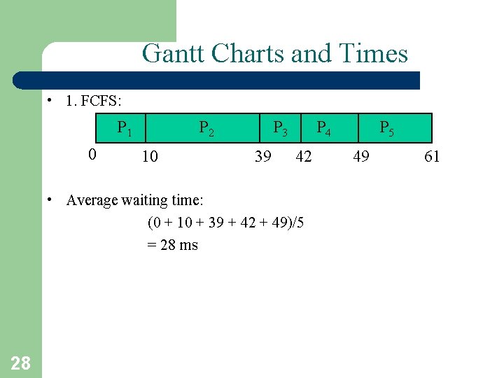 Gantt Charts and Times • 1. FCFS: P 1 0 P 2 10 P